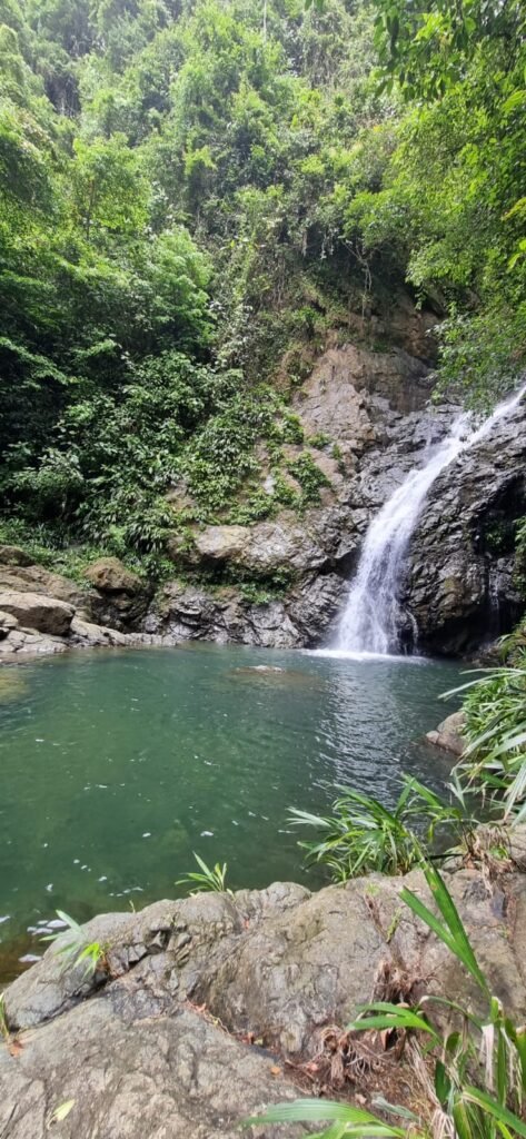 Waterfall pouring into an emerald swimming hole surrounded by rainforest near Panama City