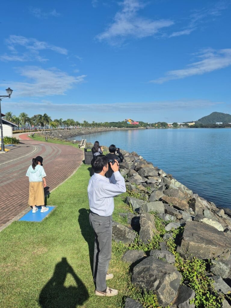 Visitors photographing Panama Bay from the rocks along the Amador Causeway, with palms and the Biomuseo across the waterfront in Panama City