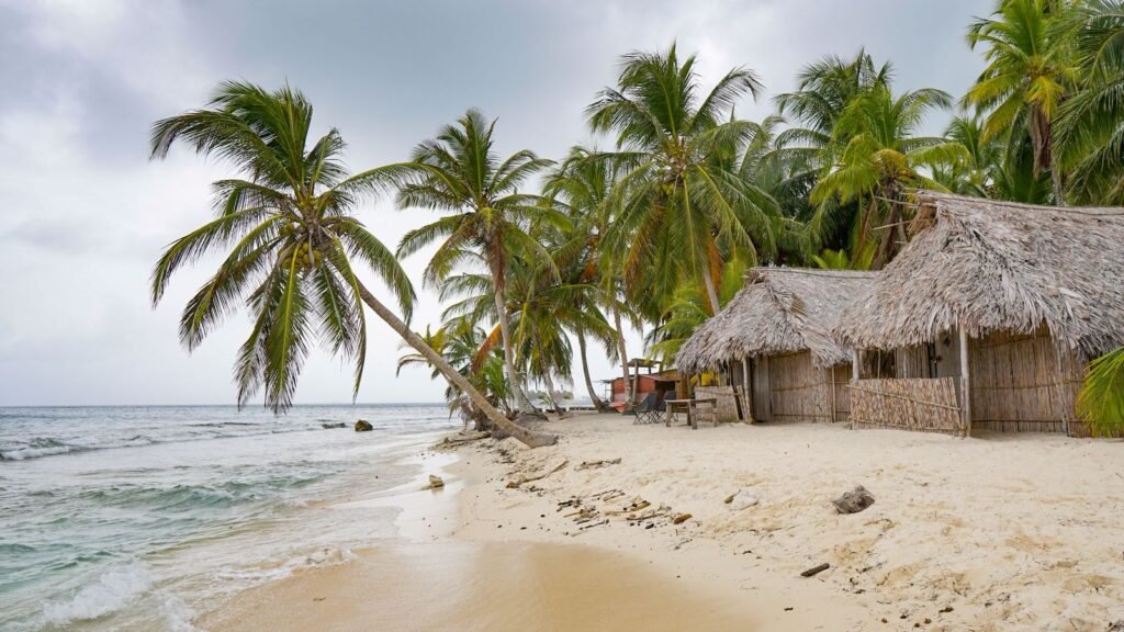 Thatched-roof huts on stilts over turquoise water with palm trees, Guna Yala (San Blas Islands), Panama